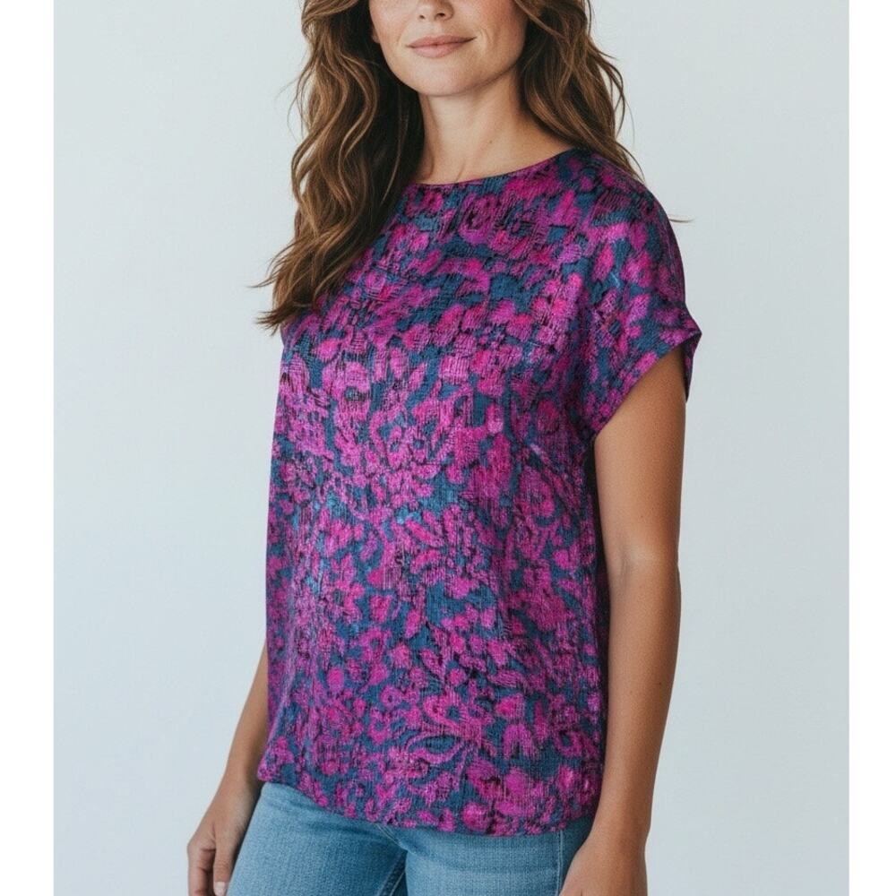Vintage 80s 90s Purple Green Floral Cap Sleeve Top Keyhole Blouse Womens Med/LG